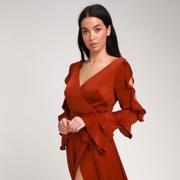 ♨️Lovely As Always Rust Red Satin Wrap Maxi Dress - Picture 2 of 11